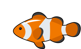 Orange cartoon fish with white stripes and three rising bubbles